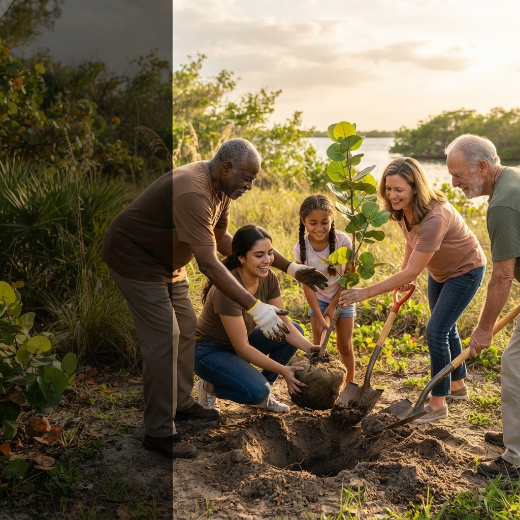 Community members caring for a young tree together